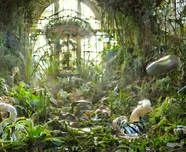 Image similar to simplicity, transparent clear see - through image of mollusks, lush botany, orchids, ferns, garden environment, ultra realistic, concept art, art nouveau, photorealistic, octane render, 8 k, unreal engine. art by gustave dore and nori inoguchi and sam kaplan and zachary goulko and christopher marley and artgerm and alphonse mucha