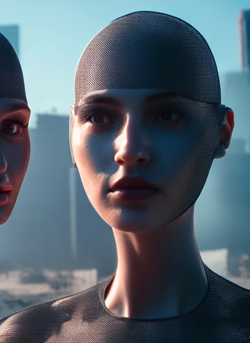 Image similar to cinestill 5 0 d photographic portrait of two loving female androids wearing rugged black mesh techwear in a desolate los angeles, extreme closeup, modern cyberpunk, dust storm, 8 k, hd, high resolution, 3 5 mm, f / 3 2, ultra realistic faces, ex machina