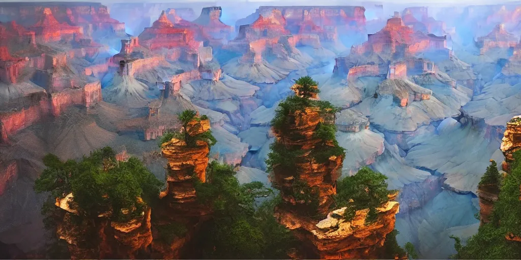 Prompt: Grand Canyon, Zhangjiajie National Forest Park, cinematic lighting, detailed oil painting, hyperrealistic, 8k
