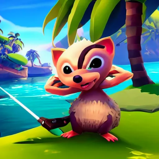 Image similar to hedgehog playing golf in sea of thieves, cute, colourful, happy, adorable