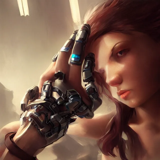 Image similar to girl with giant cyborg hands, cgsociety