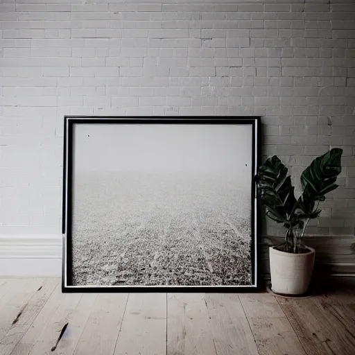 Prompt: a minimalist mockup photo with one large frame, in a white clear boho style floor, only white and beige colors, well lit, low contrast, trending on pinterest