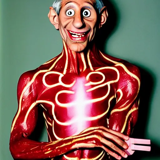 Image similar to uhd photorealisitc candid photo of anthony fauci dressed as slim goodbody. blood and guts everywhere. correct coostume. correct face, accurate face. photo by annie leibowitz and steve mccurry