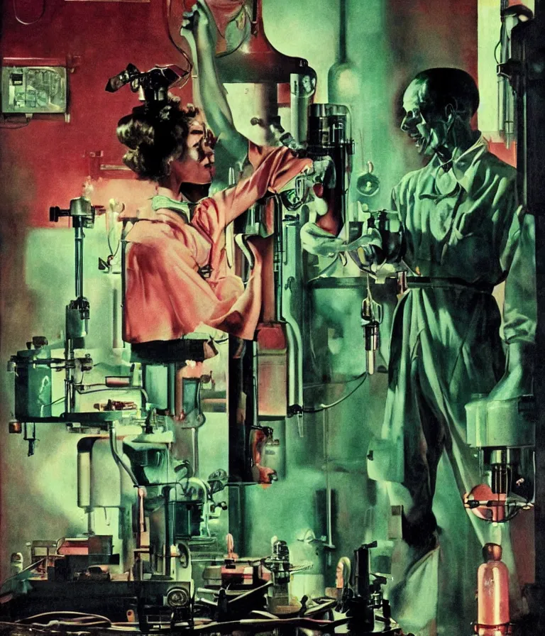 Prompt: a female mad scientist woman building a humanoid robotic man, in a darkly lit laboratory room, 1 9 5 0 s horror movie poster style, ( norman rockwell oil painting ), tight shot, close - up shot, retro science fiction, vintage, saturated pink and green lighting, shadowy lighting, cohesive