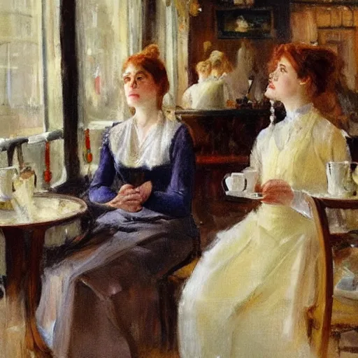 Image similar to two young edwardian women in a cafe in paris, in the style of anders zorn