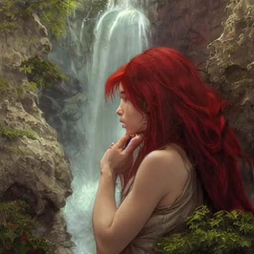 Prompt: an extremely detailed portrait of polyamorous red haired vampire queens kissing while hiding from a thunderstorm in a cave behind a waterfall, epic fantasy, viewed in profile from far away, sharp focus, detailed face, art by greg rutkowski and alphonse mucha, volumetric lighting, 4 k resolution, trending on artstation, masterpiece