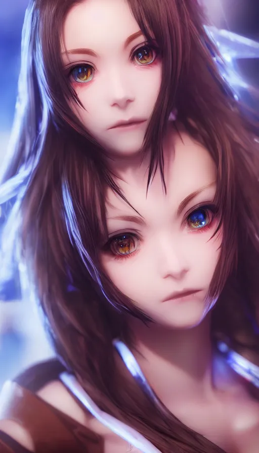 Prompt: render as a very beautiful 3d anime woman with short brown hair, blue eyes, heavy makeup, short smile, cinematic lightning, highly detailed, trending on Artstation, Unreal Engine 4k, cinematic wallpaper