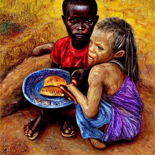 Prompt: oil painting of a malnourished ugandan boy sharing bread with a blond well fed child, by josephine wall american