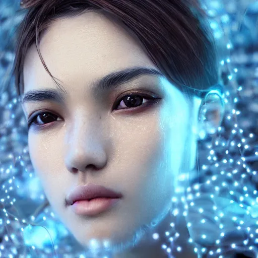 Image similar to intricate highly detailed face portrait of asian - european woman, light blue water vines on her face, intricate, cgsociety, unreal engine, octane render, sharp focus, smooth, volumetric lighting, cinematic composition, artstation