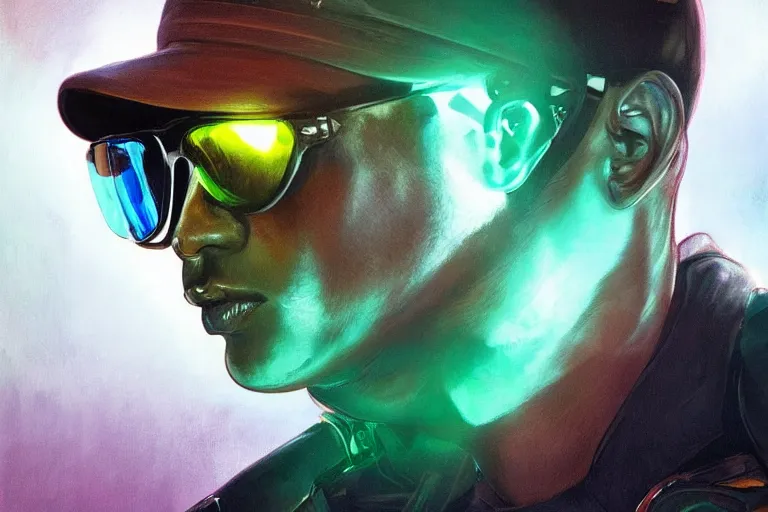 Image similar to Beautiful portrait of a glowing translucent body glowing male police officer wearing cool shades. Green fluorescent aura around officer, wide angle, magic, fire, darkness, dramatic lighting, Africa, intricate, wild, highly detailed, digital painting, artstation, concept art, smooth, sharp focus, illustration, art by artgerm and greg rutkowski and alphonse mucha, footage from space camera