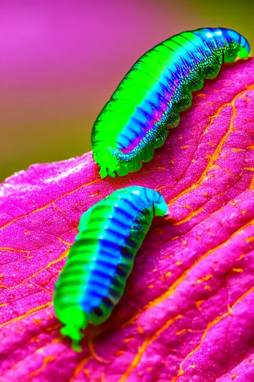 Image similar to high quality macro photo iridescent translucent caterpillar! gorgeous highly detailed david ligare elson peter cinematic pink lighting high quality low angle hd 8k sharp shallow depth of field