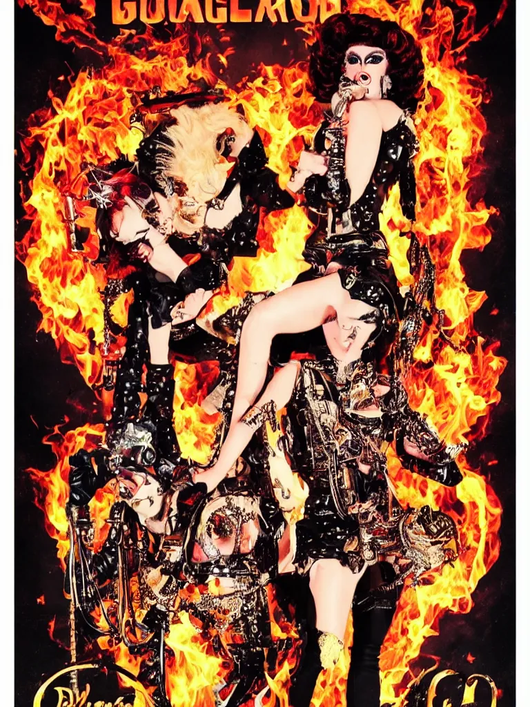 Image similar to propaganda poster for a glam rock star drag queen, fire theme, clockwork steampunk theme, concert poster