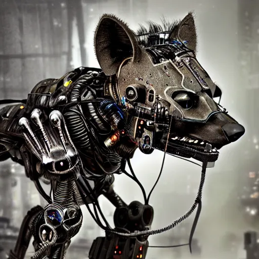 Prompt: robotic cyberpunk hyena, many wires and metal exposed, realistic photo, bladerunner