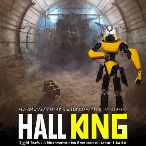 Image similar to Hall of the Machine King video game poster, large robots and man with yellow safety hardhat fighting them, stress level zero, VR game, high quality, high quality artwork, digital art, cinematic, desolate, epic
