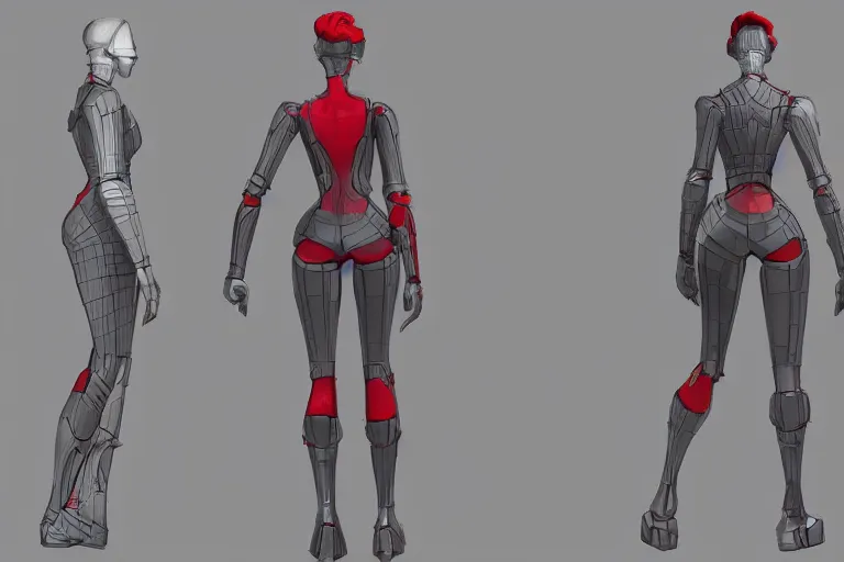 Prompt: 3d model sheet tpose turnaround of a female sci fi character with black hair and red armored sci fi outfit with stylized pixar mom extreme proportions in terms of waist to hip ratio, concept art reference