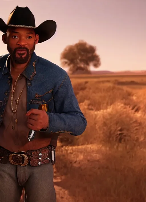 Image similar to an film still of will smith as cowboy with beard, western background, unreal engine. amazing likeness. very detailed.