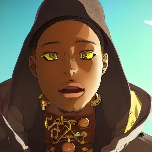 Prompt: an epic anime of a man, black skin, gold teeth, big jacket, face tattoos, ghibli, unreal 5, octane render, rpg portrait, dynamic lighting, epic, epic anime, 2 d