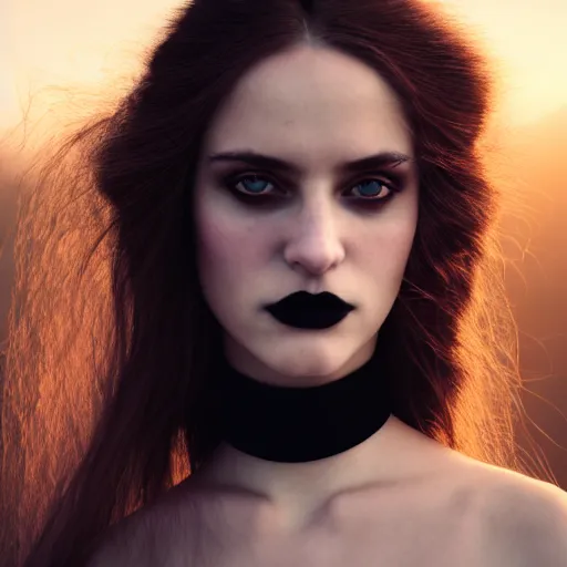 Image similar to photographic portrait of a stunningly beautiful gothic female with choker in soft dreamy light at sunset, god rays, contemporary fashion shoot, by edward robert hughes, annie leibovitz and steve mccurry, david lazar, jimmy nelsson, breathtaking, 8 k resolution, extremely detailed, beautiful, establishing shot, artistic, hyperrealistic, beautiful face, octane render