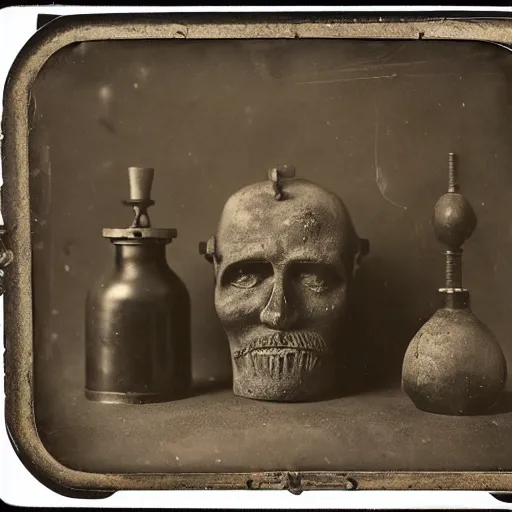 Image similar to Tintype photograph of primitive objects displayed in an ethnographic museum, archive material, anthropology, 1920s studio lighting.