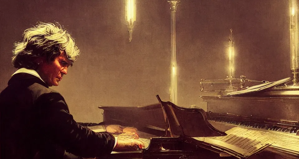 Image similar to beethoven at his piano, musical notes fly, magical sparks, dramatic lighting, highly detailed, digital art, intricate, dramatic lighting, cinematic, art by norman rockwell, greg rutkowski, james gurney