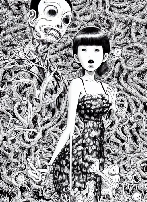 Image similar to junji ito and james jean artwork