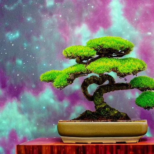 Image similar to A picture of a planet of various flowers, fungus and plants, Bonsai , in which the human figure is dressed in something magical and impressive, inside the picture is infinity, muted light, BotanicalAtmospheric phenomenon, artistic photography, muted colors, conceptual, Kodachrome