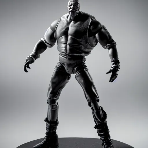 Image similar to Full body shot of a highly detailed flexible Triple H vinyl plastic figurine as a villain, highly detailed face, white background, 3d, high quality, depth of field, high contrast, 8k, concept art, smooth, sharp focus, highly detailed, wrestling, WWE