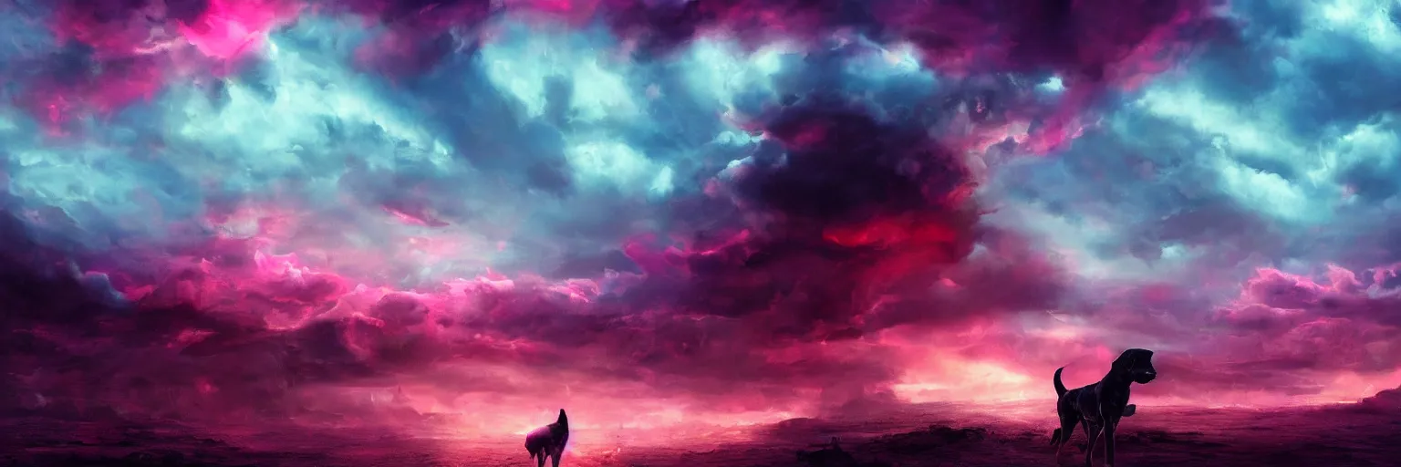 Image similar to hyperdetailed illustration, portrait big dark dog, mohawk, stars, pink, neon, oil painting, rich deep colors masterpiece, pirate neon ship, ultra detailed, contrast, heaven pink, clouds, volumetric light, atmospheric lighting, dramatic, cinematic, moody, octane render 4 k, 8 k