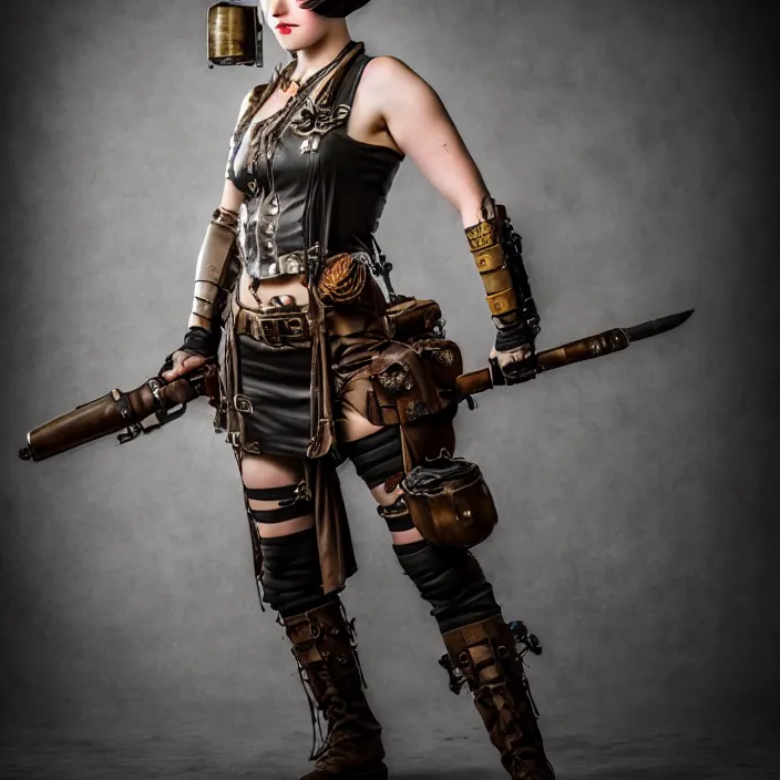 Image similar to full length photo of a very beautiful female dieselpunk warrior with weapons, 8 k, hdr, smooth, sharp focus, high resolution, award - winning photo