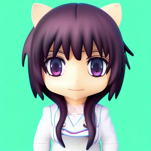 Image similar to character face portrait of a singular kawaii chibi in the sytle of kyoto animation, in simple background, nendoroid eyes, blender, toon rendering, toon shader, anime waifu