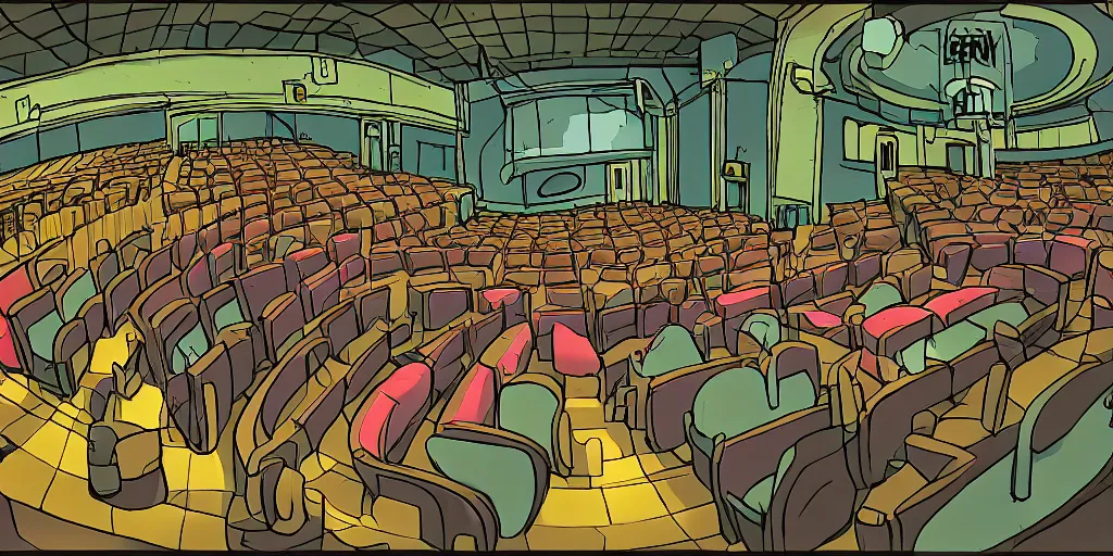 Image similar to a dimly lit, theater hall, 3 doors, 1 staircase, day of the tentacle style, drawn by Peter Chan, fish eye