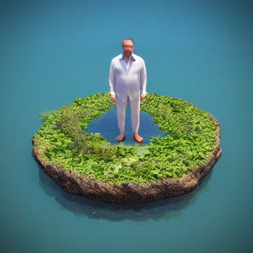 Image similar to 3d render of the most powerful person on earth with water super powers, Standing on a small round island, floating in the ocean, high detail,