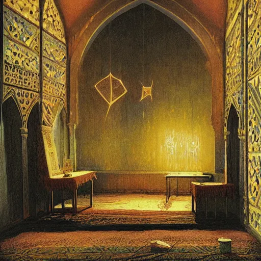 Prompt: detailed painting of middle eastern interior room with celestial ephemeral ornaments and gothic architecture, artstation, beksinski, cinematic