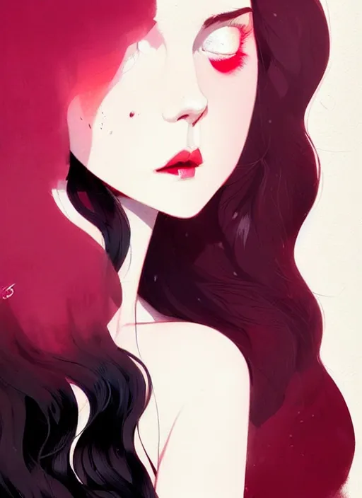 Prompt: highly detailed closeup portrait of beautiful, long black hair teen girl, wavy hair, red dress by atey ghailan, by greg rutkowski, by greg tocchini, by james gilleard, by joe fenton, by kaethe butcher, gradient pink, black and white color scheme, grunge aesthetic!!! ( ( graffiti tag wall background ) )