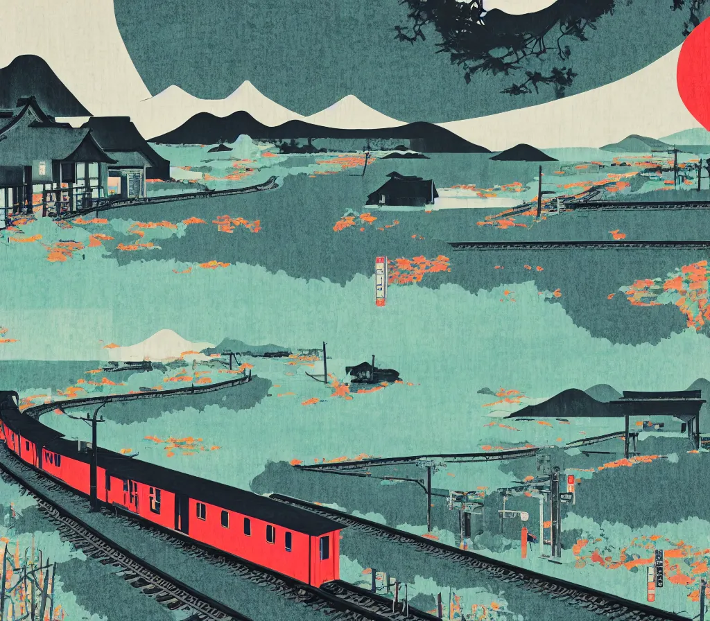 Prompt: seaside landscape train rural japan, a collage painting, in the style of wes anderson, lola dupre, david hockney, isolated on negative white space background dark monochrome fluorescent neon spraypaint accents volumetric octane render