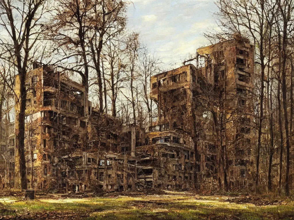 Image similar to A beautiful painting of a dilapidated post-modern building in the wood, by Paul Gustav Fischer, Trending on artstation, very detailed
