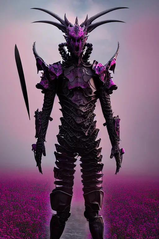 Image similar to hyperrealistic neo - gothic human dragon hybrid, exoskeleton armor, fighting with sword, field of pink flowers, highly detailed digital art masterpiece, vitaly bulgarov dramatic dark teal light, ground angle hd 8 k, sharp focus