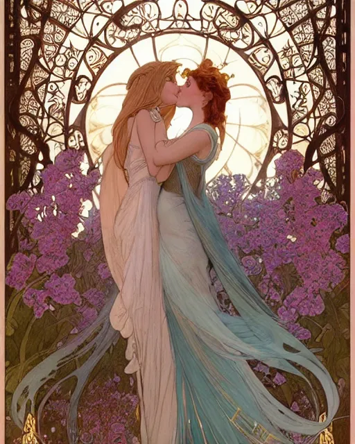 Prompt: the kiss | highly detailed | very intricate | art nouveau | gold filigree | romantic storybook fantasy | soft cinematic lighting | award - winning | disney concept art watercolor illustration by mandy jurgens and alphonse mucha and alena aenami | pastel color palette | featured on artstation