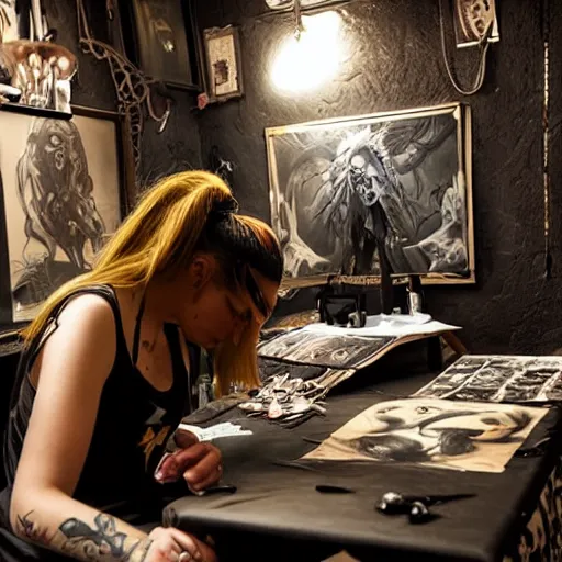 Image similar to female tattoo artist in gothic tattoo studio, greg rutkowski