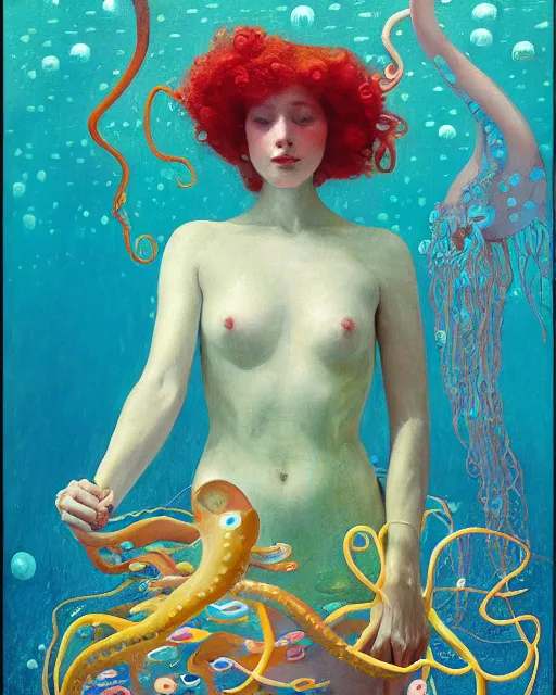 Image similar to a beautiful girl underwater wearing a colourful octopus as a dress and surrounded by glowing jellyfish, painted by edgar maxence, edward hopper, wayne barlowe and james gilleard, airbrush, art by jamesjean