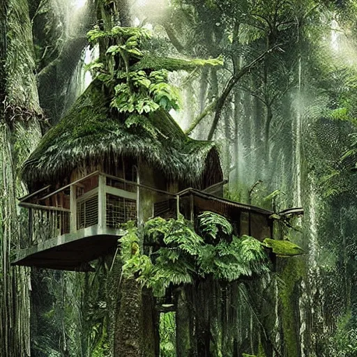 Prompt: “ treehouse in rainforest, photoreal, hq ”