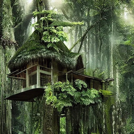 Image similar to “ treehouse in rainforest, photoreal, hq ”