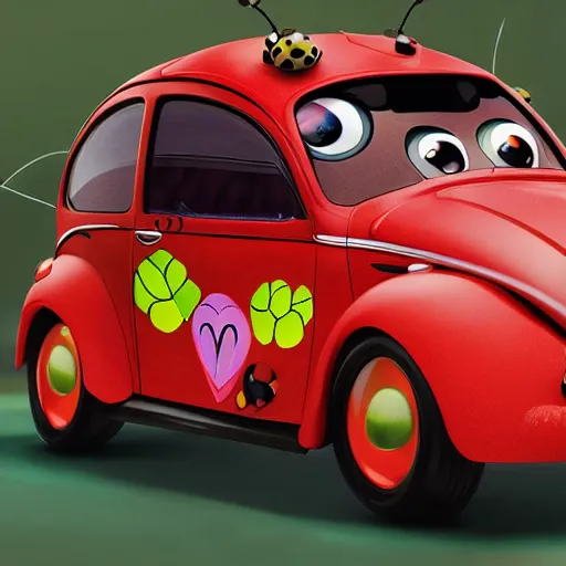 Image similar to a hybrid giant lady bug is merged with'herbie the love bug'car, digital art, hyperrealistic, imax, 7 0 mm, movie still