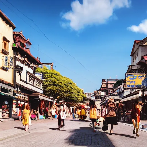 Image similar to photograph of sunny street with people walking, street has many shops and bulls, fantasy, by studio ghibli, dramatic light