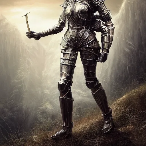 Image similar to female knight in the wild nature, dressed, blonde hair, symmetry, sci - fi, dark fantasy light, perfect composition, 4 k, ultra hd, sense of awe, highly detailed, realistic, intricate, created by wayne barlowe