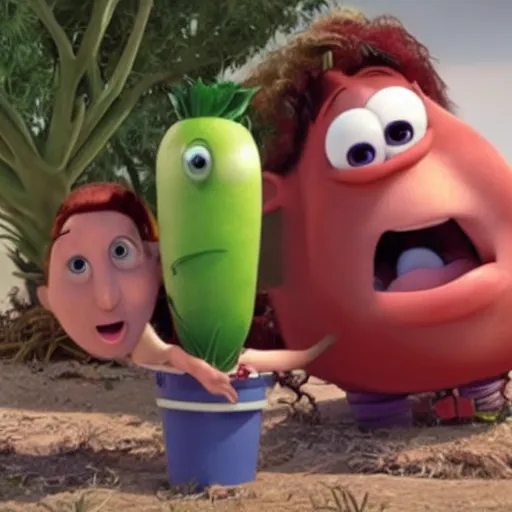 Prompt: veggie tales in mad max, gritty horror, realistic