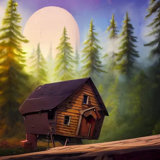 Image similar to a walking wood and metal house with two legs and one big eye, smoky chimney, rust, hyperrealistic, highly detailed, cinematic, single ray of sun, morning, pareidolia, dynamic composition, gravity falls style, disney, ghibli, beautiful, pine trees in the background, cgssociety, artstation, 8 k, oil painting, digital art