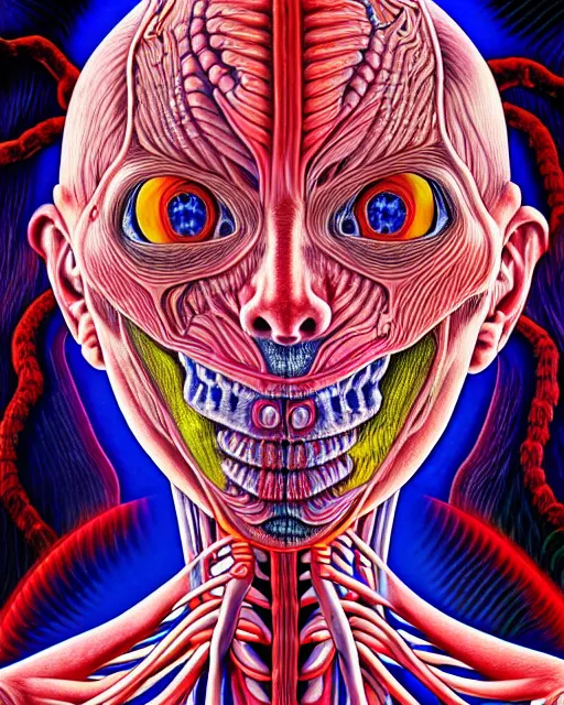 Prompt: human body breaking away, conjuring psychedelic image, part by shintaro kago, part by alex gray, ultra realistic, highly detailed, 8 k, trending on artstation, masterpiece, epic, symmetry