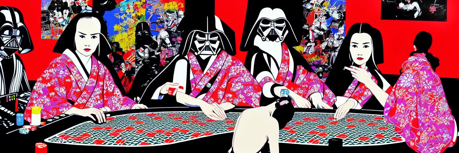 Prompt: hyperrealism composition of the detailed woman in a japanese kimono sitting at an extremely detailed poker table with darth vader and stormtrooper, fireworks on the background, pop - art style, jacky tsai style, andy warhol style, acrylic on canvas