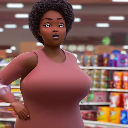 Image similar to high quality, highly detailed, still of black bbw woman in wal-mart follow shot, 3d, in the style of pixar, comic book style, 3d, highly detailed, 16k resolution, octane renderer, coherent, cinematic lighting